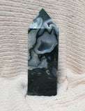 Moss Agate Crystal Tower with Natural Crystal Caves – 19cm | 1562g