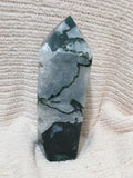 Moss Agate Crystal Tower with Natural Crystal Caves – 19cm | 1562g