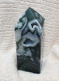 Moss Agate Crystal Tower with Natural Crystal Caves – 19cm | 1562g