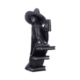 Black witch figurine with a hat and books on a white background