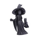Statue of a witch with a black cat on a white background