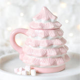 Pink Christmas tree mug with a white background