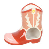 red ceramic oil burner shaped like a western boot