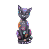 Colorful cat figurine with floral patterns on a white background