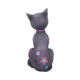 Gray cat figurine with colorful flowers on a white background