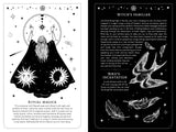 Magical-themed card with a wizard, celestial symbols, and text on a black background.