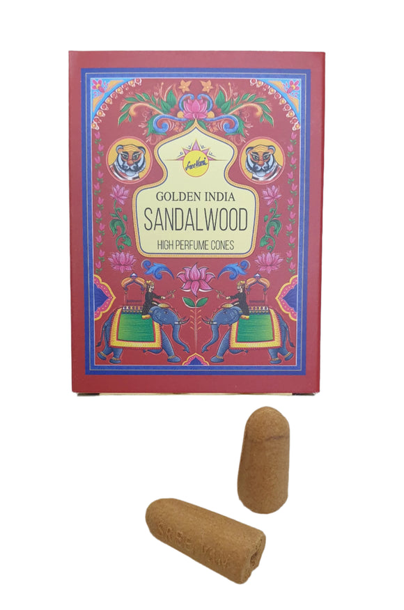Box of Golden India Sandalwood incense cones with two cones on a light background