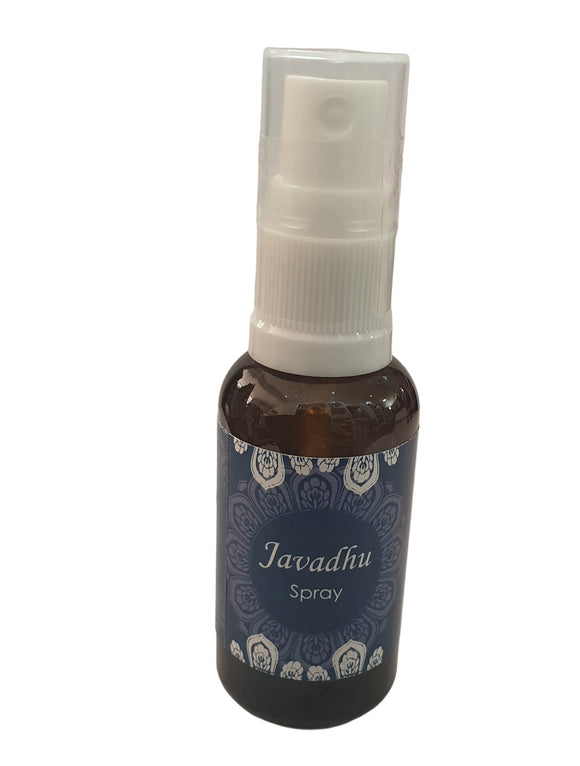 Bottle of Javadiu spray with a blue label on a white background