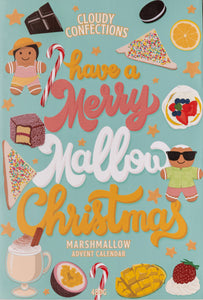 Advent calendar with festive text and marshmallow-themed illustrations on a blue background