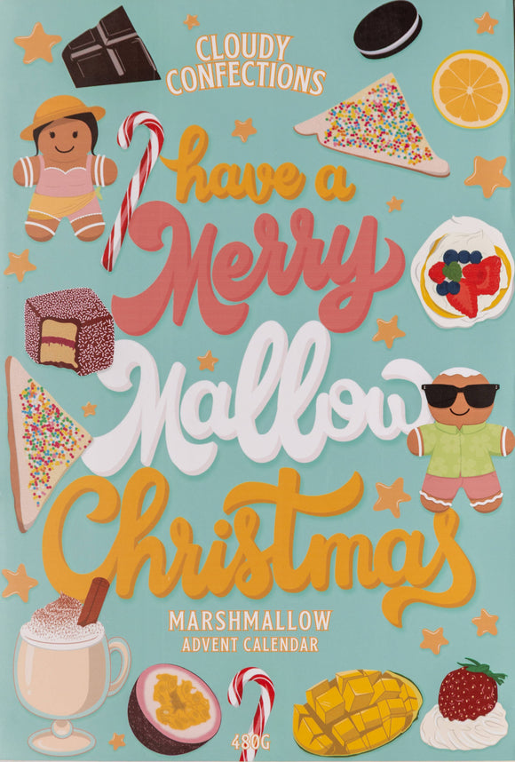 Advent calendar with festive text and marshmallow-themed illustrations on a blue background