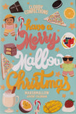 Advent calendar with festive text and marshmallow-themed illustrations on a blue background