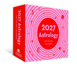 A boxed 2027 Astrology Day-to-Day Calendar by Rudolph Calendars, featuring a bright pink and red design with concentric circles and astrological symbols.