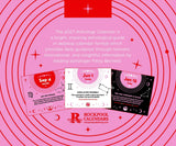 Promotional graphic for the 2027 Astrology Calendar by Rockpool Calendars, showing three sample calendar pages on a pink background with red circular line patterns and astrological text.