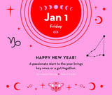 A pink and red New Year's Day astrological graphic with the text 'Jan 1 Friday' and 'HAPPY NEW YEAR!'. The design includes moon phases, a crescent moon, a constellation, a butterfly, stars, and the Libra zodiac symbol.
