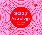 A flat cover design for a 2027 Astrology Day-to-Day Calendar, featuring a bold red central circle with white text, surrounded by pink concentric rings and red celestial illustrations like stars, planets, and moons.