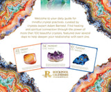 A promotional graphic for the Rockpool Calendars crystal guide, featuring a white center with descriptive text and three sample calendar cards showing Friday, Monday, and Tuesday pages, framed by colorful agate-like border artwork.