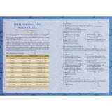 Sheet of paper with spell timings and moon cycles information on a blue background
