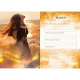 Woman standing by a lake with a sunset, next to a March-themed planner page.