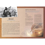 Magazine layout with a historical illustration of a warrior, text about 'Bragi', and a candlelit scene.