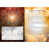 Wiccan calendar with Wheel of the Year design and text on a white background