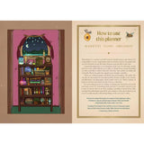 Open planner with illustration of a bookshelf and instructions on how to use it.