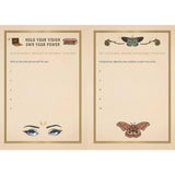 Two pages from a planner or journal with illustrations of eyes, a butterfly, and text on a beige background.