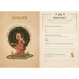 Calendar open to January with an illustration of a woman and space-themed design.
