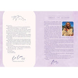 Book page with author's information and signature on a purple background
