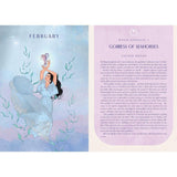 Book page with illustration of a woman holding a seahorse and text about a 'Goddess of Seahorses'.