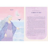 Illustration of a woman with long hair and a purple garment, standing by water with a moon and wave symbol, on a pink and purple background.