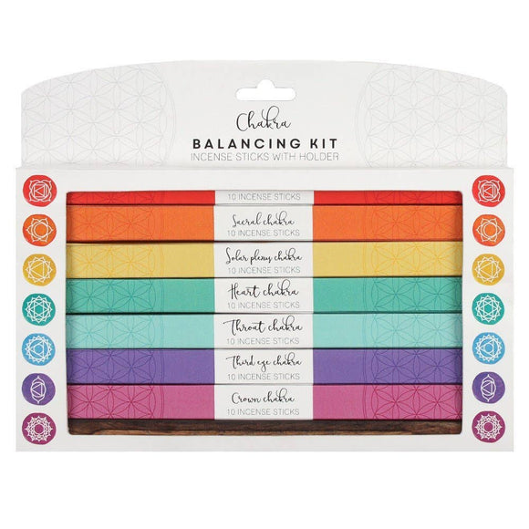 Chakra balancing kit with incense sticks and holder packaging on a white background