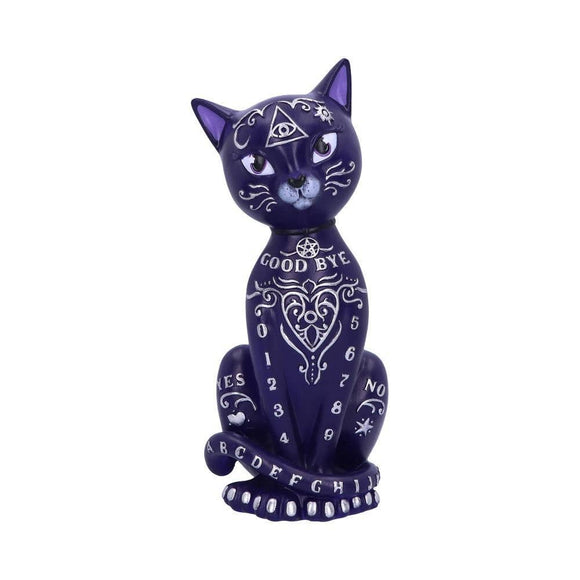 Purple cat figurine with white designs on a white background