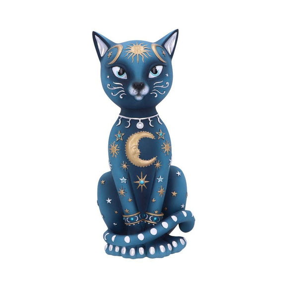Decorative blue cat figurine with celestial designs on a white background