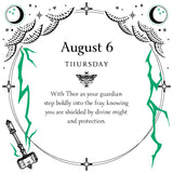 Decorative calendar page with astrological symbols, text, and a hammer on a white background.