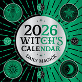 2026 Witch's Calendar with magickal symbols on a green background