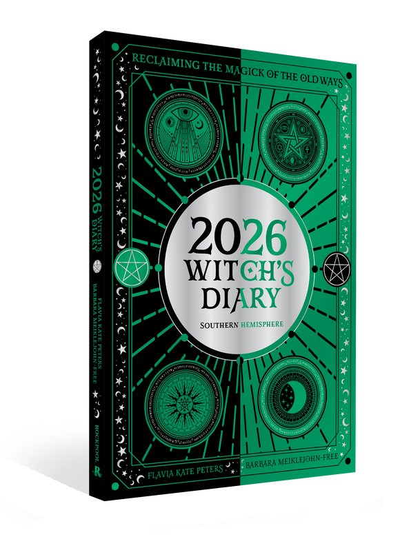 Green book titled '2026 Witch's Diary' with celestial designs on a white background