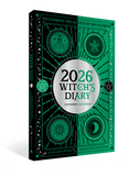 Green book titled '2026 Witch's Diary' with celestial designs on a white background