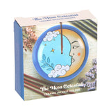 Ceramic incense holder packaging with moon design and brand name 'The Moon Celestial'.