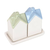 Ceramic salt and pepper shakers with a matching tray on a white background