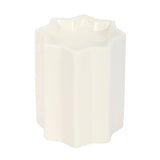 White ceramic vase with a geometric design on a white background