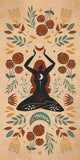 Artistic depiction of a person in a meditative pose surrounded by nature elements on a beige background.