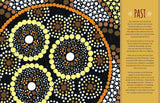  Aboriginal art with concentric circles and text on a yellow background