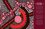 Artistic design with pink, red, and white dots on a brown background with text on the right side.