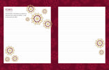 A set of two lined writing paper sheets with ornate gold and purple floral mandala corner designs, set against a dark red patterned background.