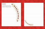 Two pages from a notebook with decorative borders on a red background