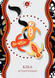 Decorative card with stylized fish and abstract patterns on a white background
