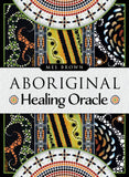 Book cover for 'Aboriginal Healing Oracle' by Mel Brown, featuring a central white title band with black serif text and a colorful Aboriginal-inspired patterned border in black, white, yellow, green, and orange.
