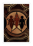 Decorative card with three silhouetted figures holding hands against a brown and beige patterned background.