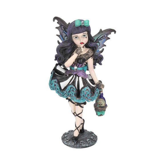Gothic-style figurine with dark hair and decorative outfit on a white background
