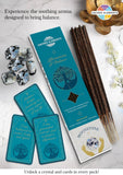 Incense sticks and cards from 'Sacred Elements' on a white background with crystals and flowers.